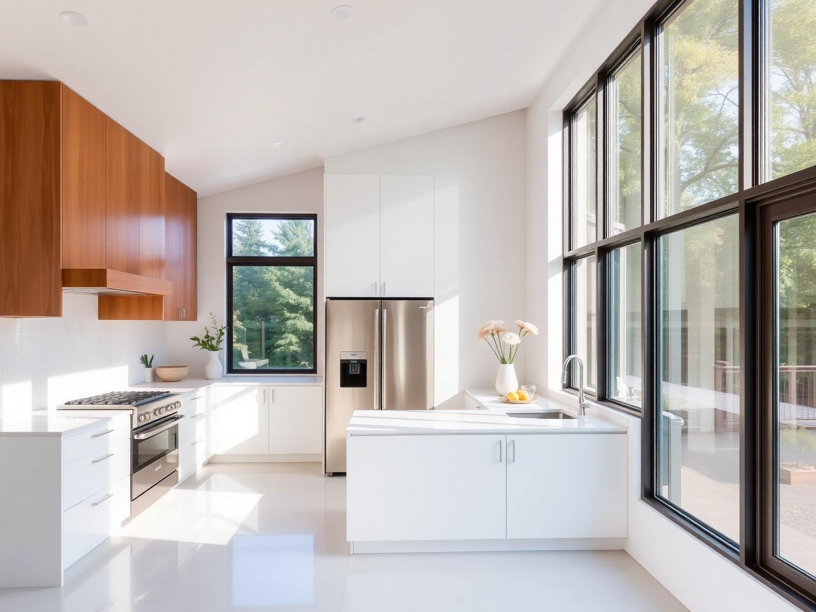 A sunlit modern Portland kitchen, pristinely clean